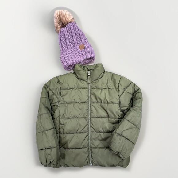The Children's Place Other - Children’s Place Green Puffer Coat SZ 5/6 Unisex + Purple CC Beanie Kids Bundle